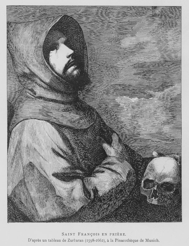 Pyhä Franciscus Assisilainen rukouksessa (litho) tekijältä Francisco de (after) Zurbaran