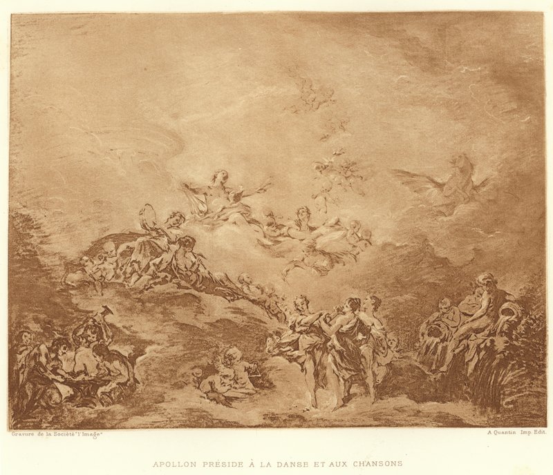 Apollo Preside a la Danse et aux Chansons (kaiverrus) tekijältä Francois (after) Boucher