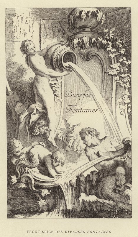 Monipuolisten suihkulähteiden etukuva (kaiverrus). tekijältä Francois (after) Boucher