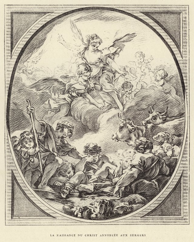 Kristuksen syntymä ilmoitettiin paimenille (kaiverrus) tekijältä Francois (after) Boucher