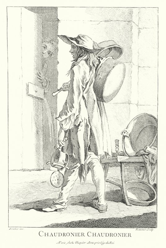 Kattilan ja kattilan myyjä (kaiverrus) tekijältä Francois (after) Boucher