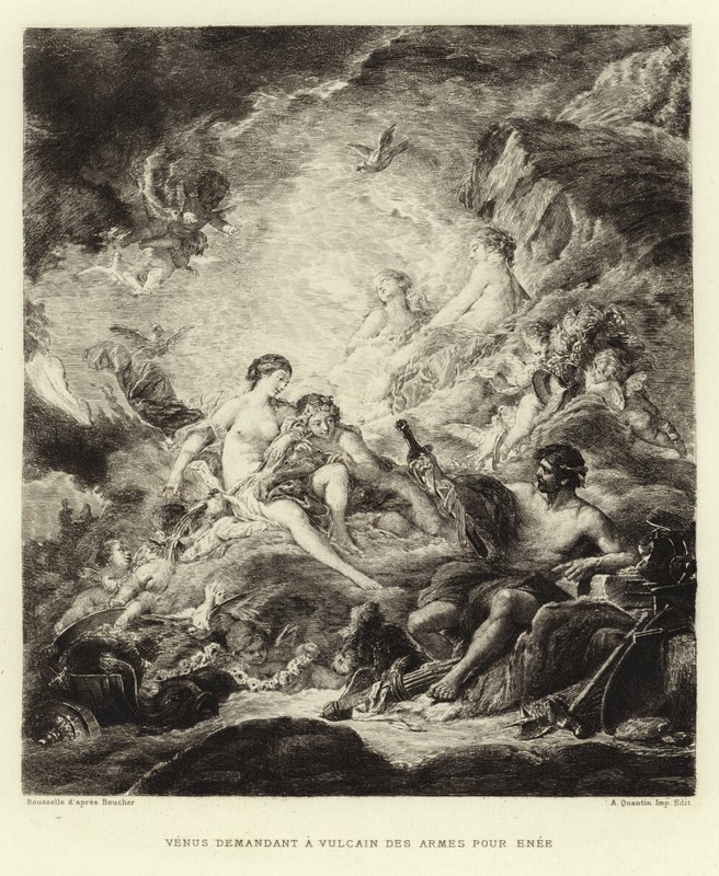 Venus pyytää Vulcanilta aseita Aenealle (kaiverrus) tekijältä Francois (after) Boucher