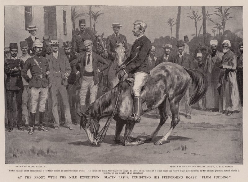Niilin retkikunnan etupuolella Slatin Pasha esittelemässä Performing Horse Luumuvanukasaan tekijältä Frank Dadd