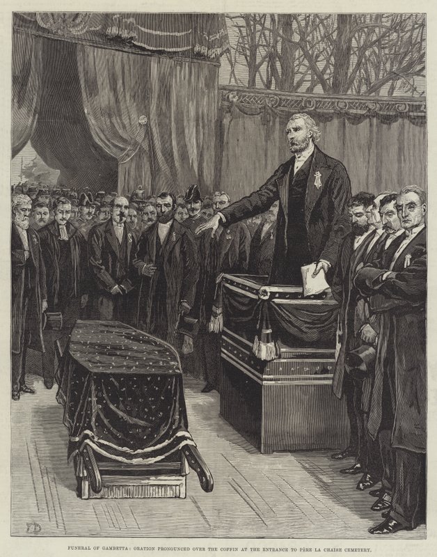 Gambettan hautajaiset, puhe, joka lausutaan arkun päällä Pere La Chaise -hautausmaan sisäänkäynnin luona. tekijältä Frank Dadd