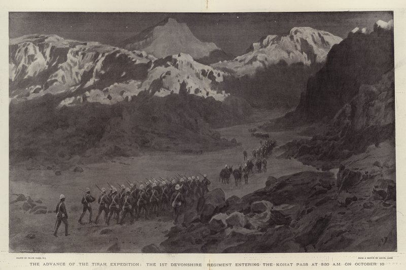 The Advance of the Tirah Expedition, 1. Devonshiren rykmentti saapumassa Kohat Passiin klo 3.30 10. lokakuuta tekijältä Frank Dadd