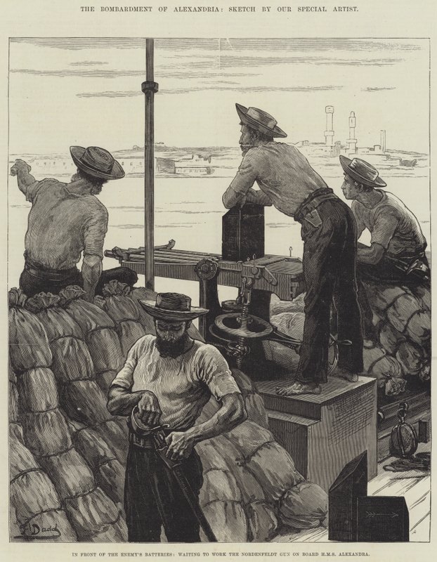 Aleksandrian pommitus, vihollisen pattereiden edessä, odottamassa Nordenfeldtin tykin toimintaa HMS Alexandran aluksella. tekijältä Frank Dadd