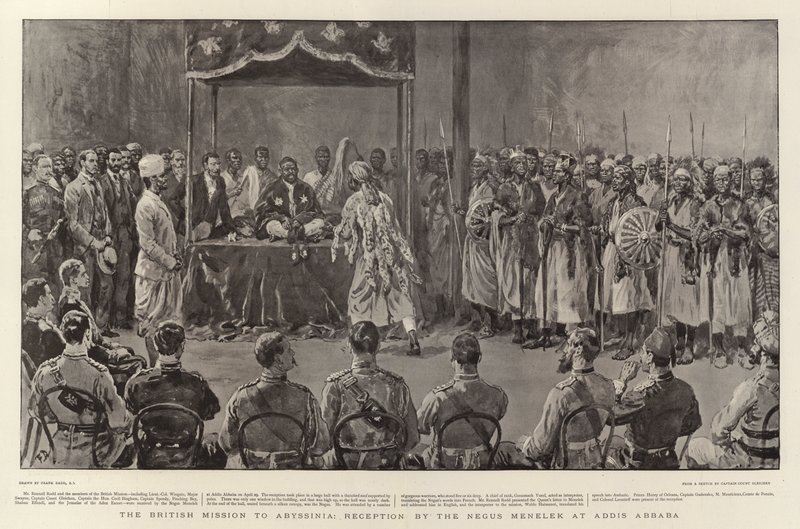Britannian lähetystö Abessiniassa, Negus Menelekin vastaanotto Addis Abbabassa. tekijältä Frank Dadd