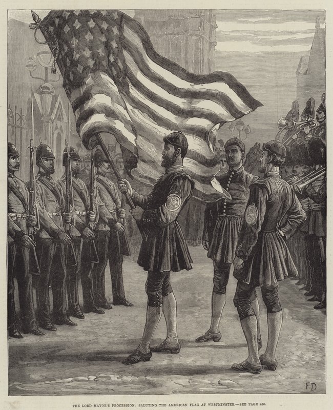Pormestarikulkue tervehtii Amerikan lippua Westminsterissä. tekijältä Frank Dadd