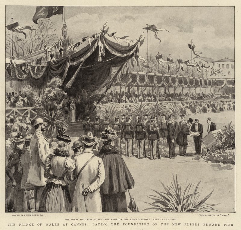 Walesin prinssi Cannesissa perustamassa uutta Albert Edward Pier -laituria tekijältä Frank Dadd