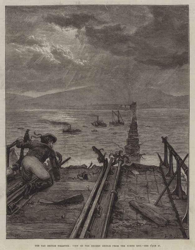 The Tay Bridge Disaster, näkymä murtuneelle sillalle pohjoispäästä katsottuna. tekijältä Frank Dadd