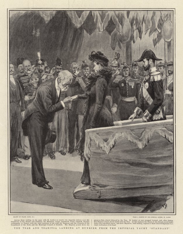Tsaari ja Tsaritsa laskeutuvat Dunkerqueen keisarilliselta Standart-veneeltä. tekijältä Frank Dadd