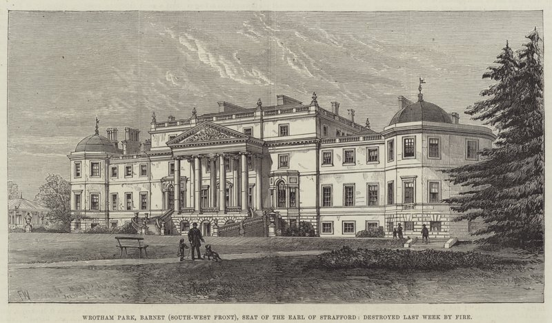 Wrotham Park, Barnet (lounaisrintama), Earl of Straffordin kotipaikka, tuhoutui viime viikolla tulipalossa tekijältä Frank Watkins