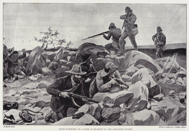 Grenadier Guards yllätti buurit kopjella Belmontissa (litho) tekijältä Frank (after) Dadd