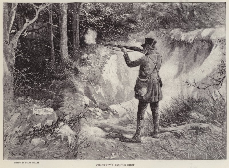 Sir Francis Chantrey tappoi kaksi metsäkurkkua yhdellä laukauksella metsästäessään Holkham Hallissa, Norfolkissa (litho) tekijältä Frank (after) Feller