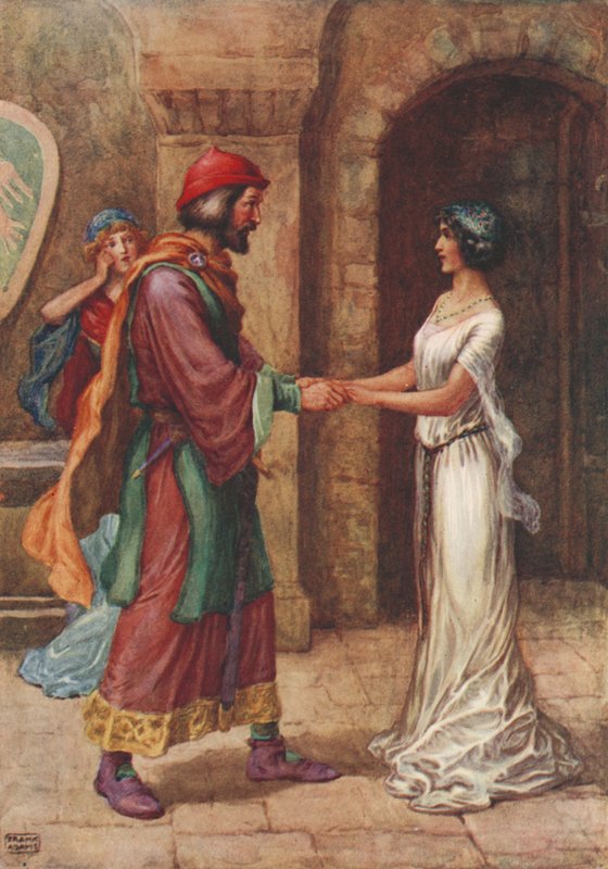 Geraldine ja paroni, Samuel Taylor Coleridgen Christabelista (väri litho) tekijältä Frank Adams