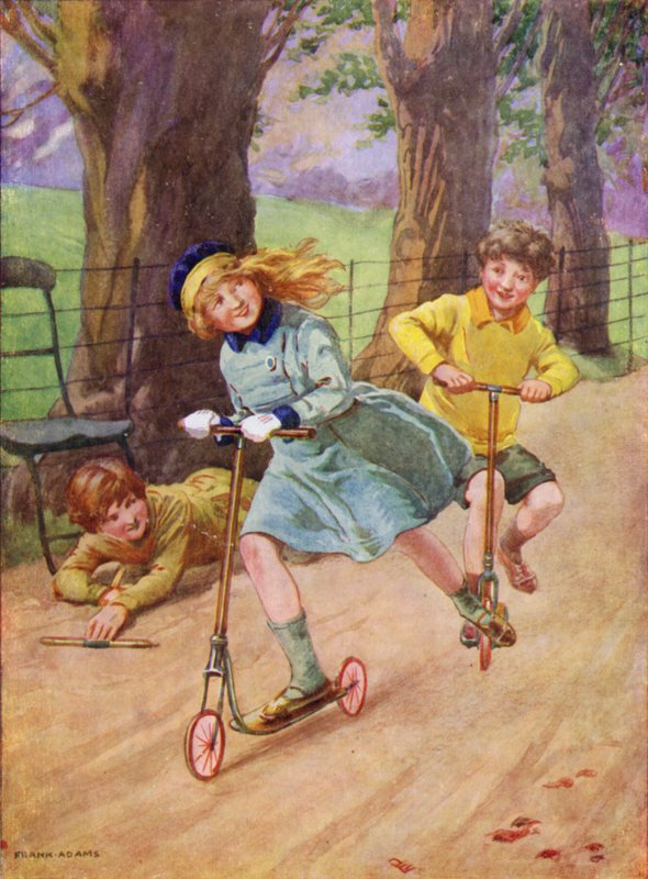 Tyttö ja poika kilpailevat skootterilla (väri litho) tekijältä Frank Adams