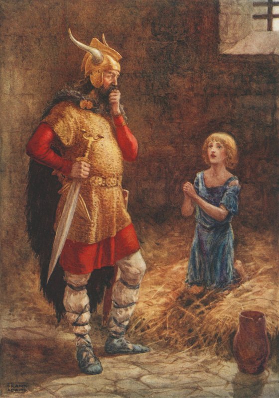 Havelok anoo Godardin armoa, vanhasta balladista Havelok the Dane (värilitografia). tekijältä Frank Adams