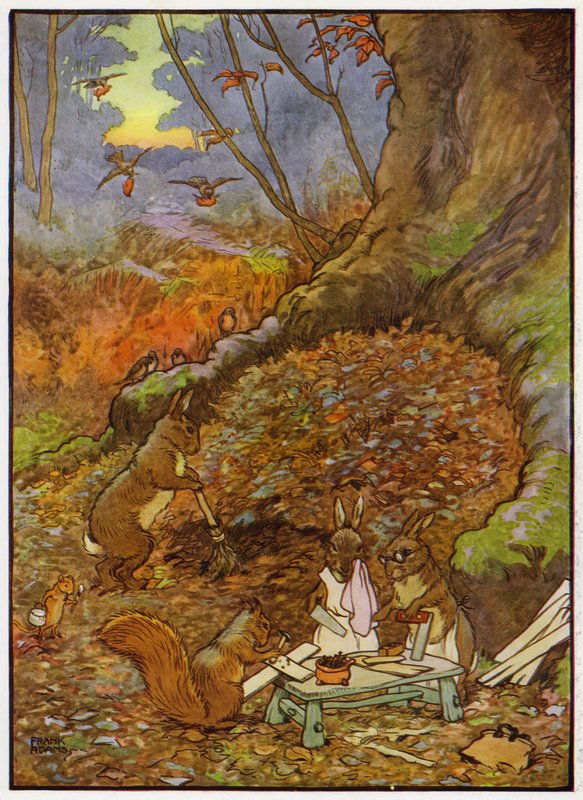 Kuvitus Babes in the Woodiin (väri litho) tekijältä Frank Adams