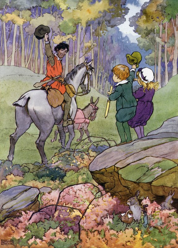 Kuvitus teokseen The Babes in the Wood (väri litho) tekijältä Frank Adams