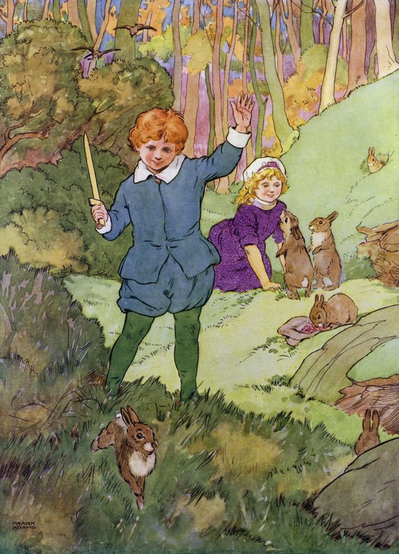Kuvitus teokseen The Babes in the Wood (väri litho) tekijältä Frank Adams