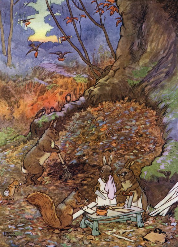 Kuvitus teokseen The Babes in the Wood (väri litho) tekijältä Frank Adams