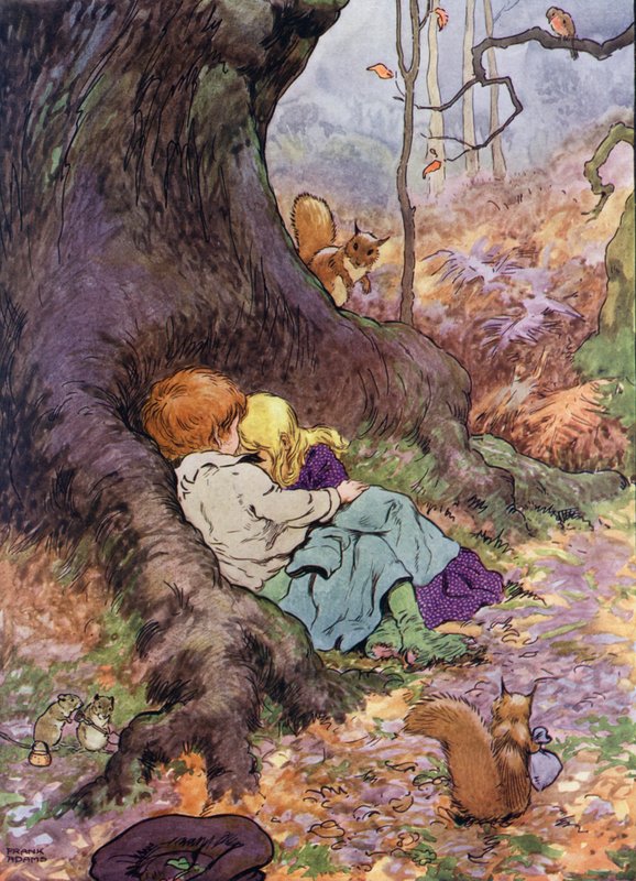 Kuvitus teokseen The Babes in the Wood (väri litho) tekijältä Frank Adams