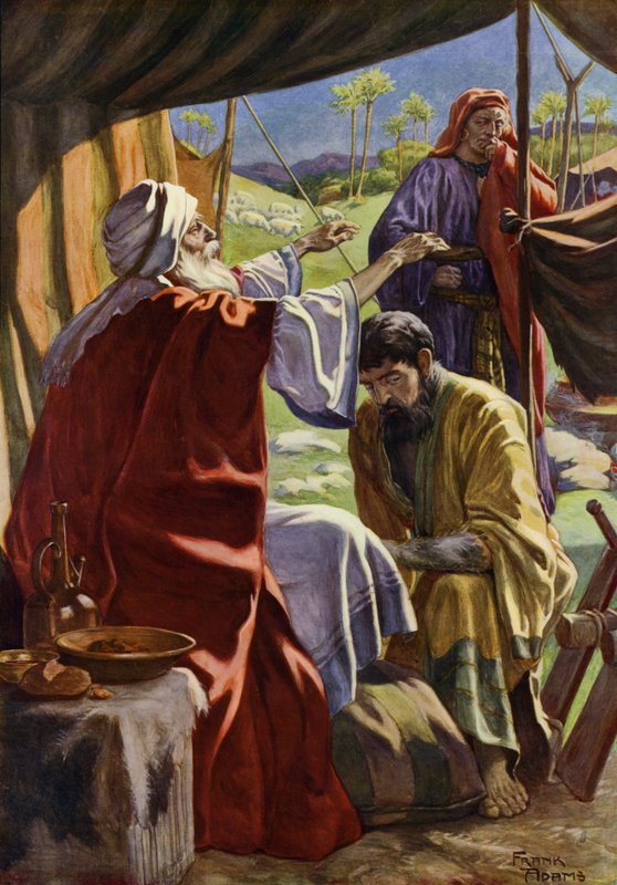 Jaakob saa siunauksen (väri litho) tekijältä Frank Adams
