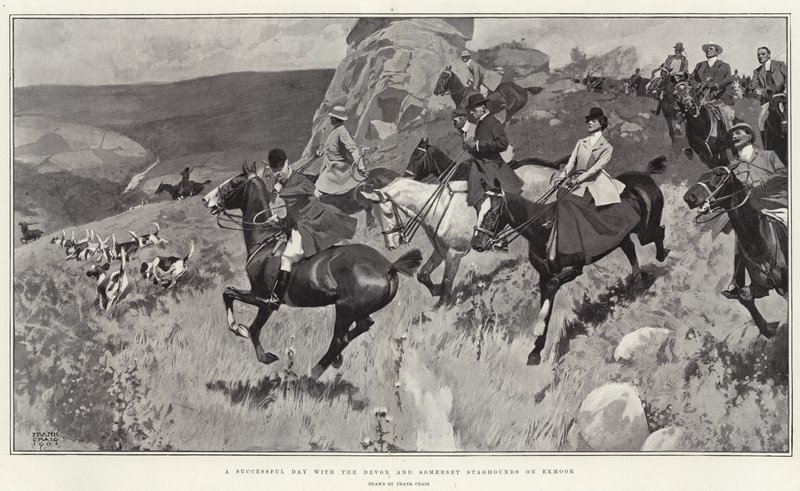 Onnistunut päivä Devonin ja Somersetin staghoundien kanssa Exmoorissa (litho) tekijältä Frank Craig