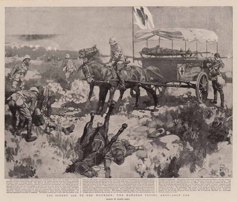 Haavoittuneiden pikaapua varten Manders Flying Ambulance Car (litho) tekijältä Frank Craig