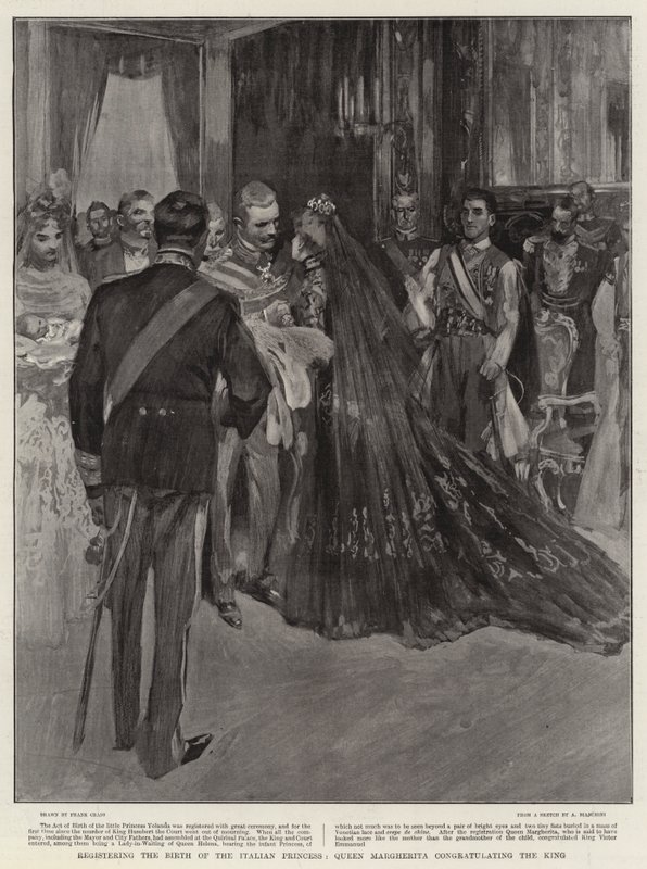 Italian prinsessan syntymän rekisteröinti, kuningatar Margherita onnittelee kuningasta. tekijältä Frank Craig
