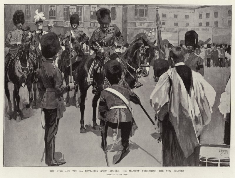 Kuningas ja 3. pataljoona Scots Guards, Hänen Majesteettinsa esittelemässä uusia värejä tekijältä Frank Craig