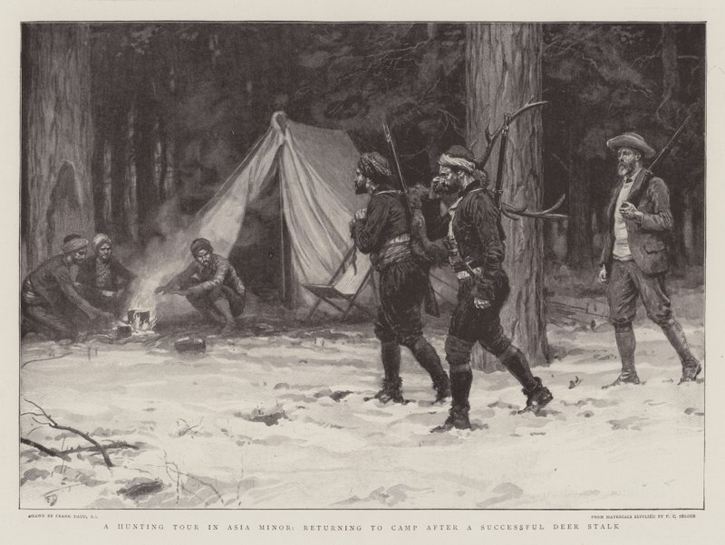 Metsästyskierros Vähä-Aasiassa, paluu leirille onnistuneen peuranvarren jälkeen tekijältä Frank Dadd