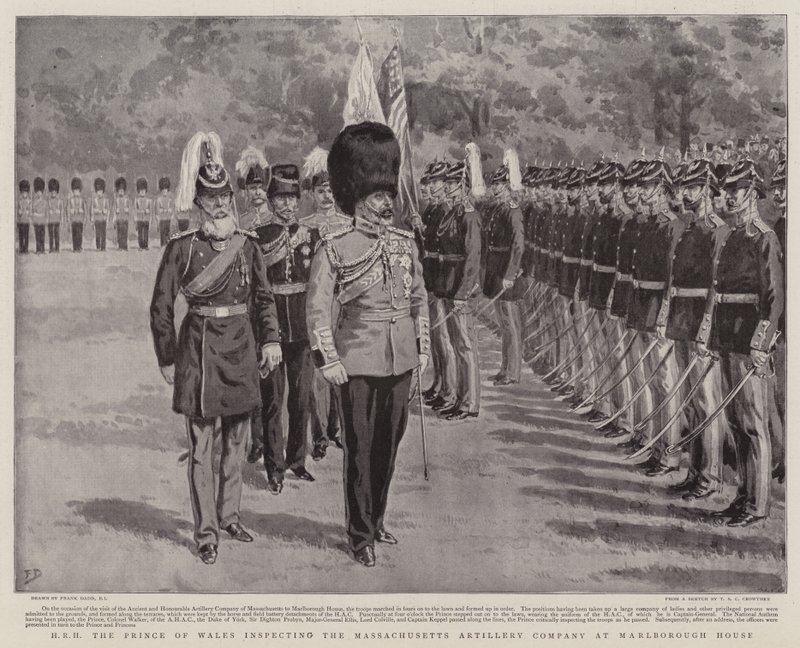 Walesin prinssi tarkastaa Massachusettsin tykistökomppaniaa Marlborough Housessa. tekijältä Frank Dadd