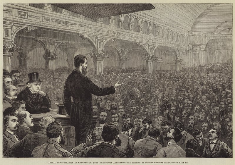 Liberaalimielenosoitus Manchesterissa, Lord Hartington puhui kokouksessa Pomona Gardens Palacessa tekijältä Frank Dadd