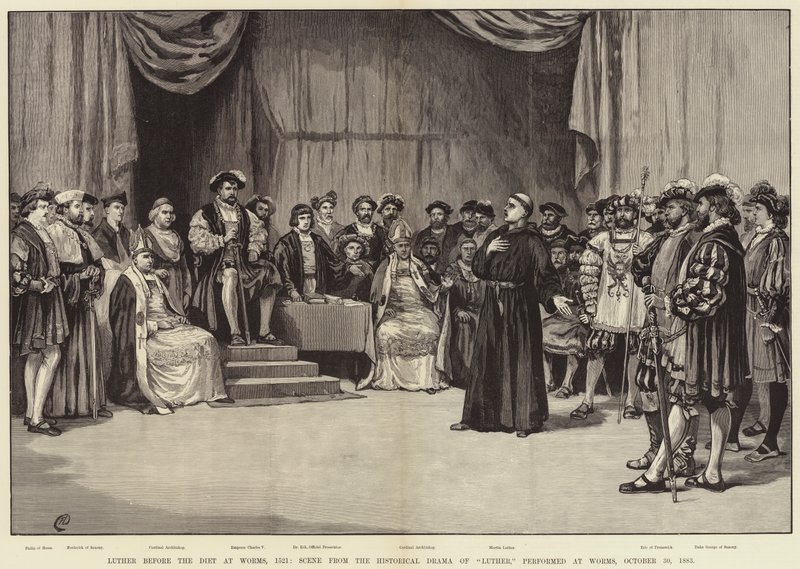 Luther ennen valtiopäiviä Wormsissa, 1521, kohtaus Lutherin historiallisesta draamasta, esitetty Wormsissa, 30. lokakuuta 1883 tekijältä Frank Dadd