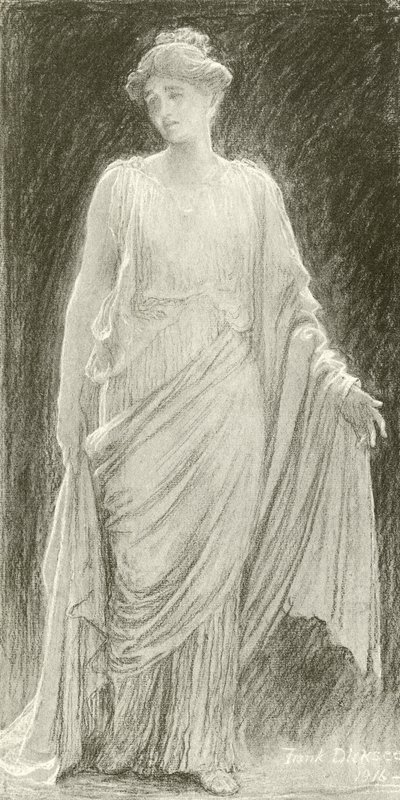 Madame de Navarro (Mary Anderson) Hermionena "Talven tarinassa" (syväpaino) tekijältä Frank Dicksee