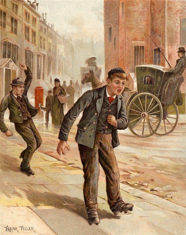 Epäilyttävä käänne, poika rullaluistelu (chromolitho) tekijältä Frank Feller
