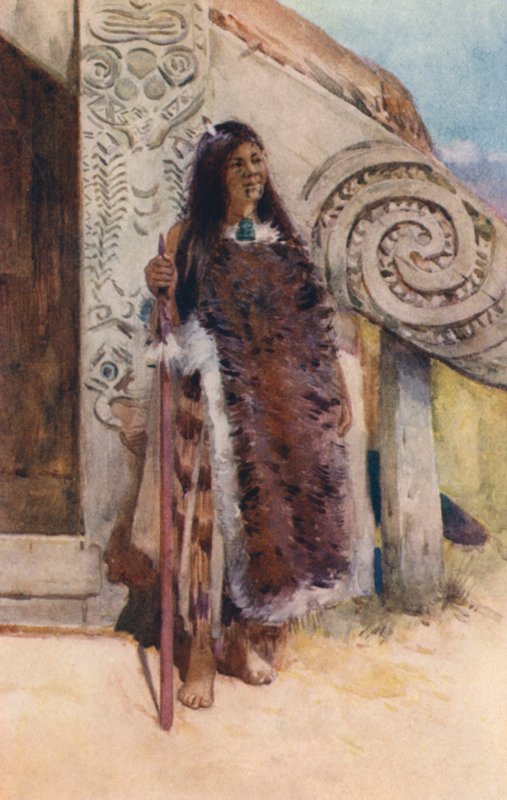 Uusi-Seelanti: Maori Chieftainess (värilitografia). tekijältä Frank H Wright
