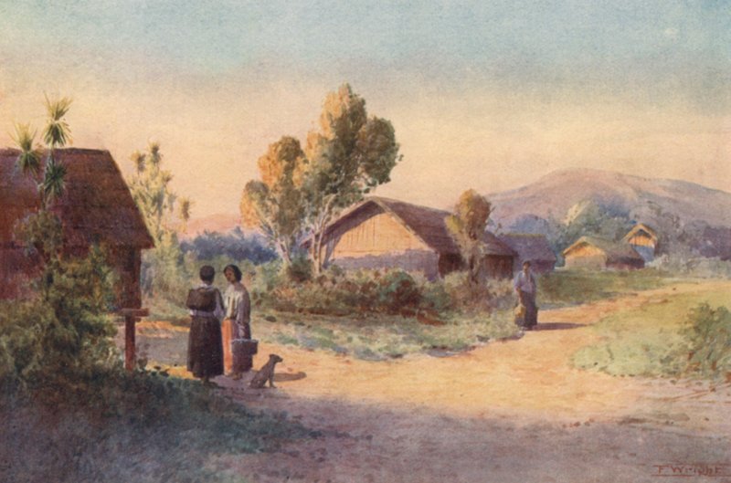 Uusi-Seelanti: A Maori Village (värilitografia). tekijältä Frank H Wright