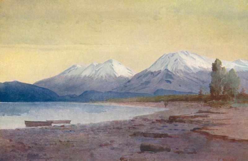 Uusi-Seelanti: Te-Anau-järven juurella (värilitografia). tekijältä Frank H Wright