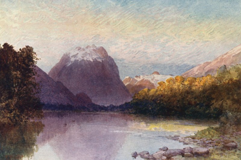 Uusi-Seelanti: Te-Anau-järven päässä (värilitografia). tekijältä Frank H Wright