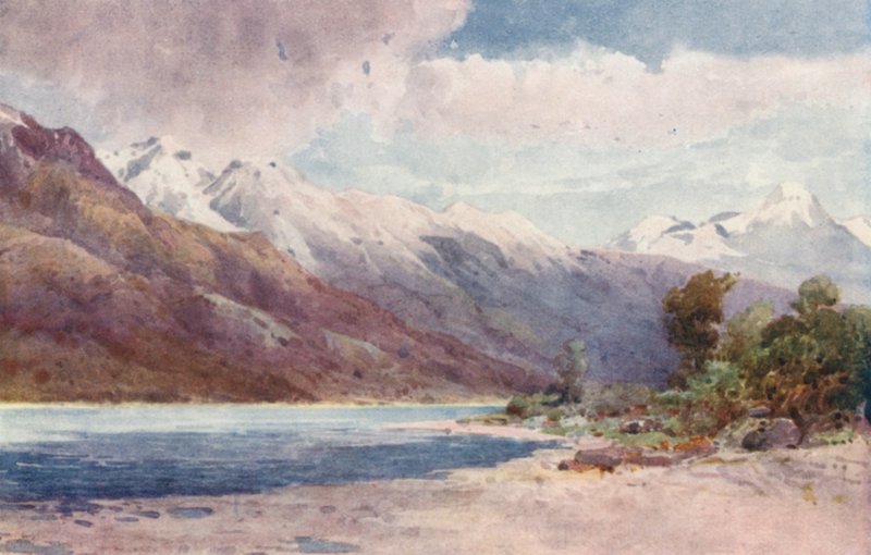 Uusi-Seelanti: Wakatipu-järven päässä (värilitografia). tekijältä Frank H Wright