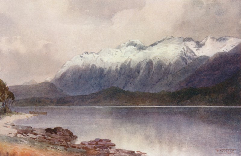 Uusi-Seelanti: Cathedral Peaks (värilitografia) tekijältä Frank H Wright