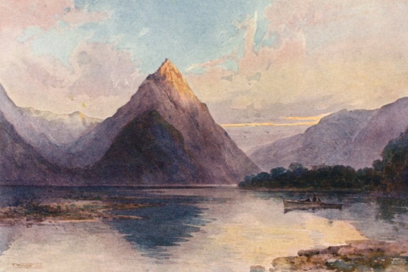 Uusi-Seelanti: Mitre Peak (värilitografia) tekijältä Frank H Wright