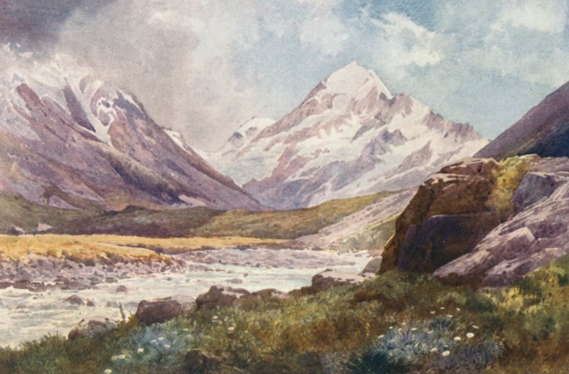 Uusi-Seelanti: Mount Cook (värilitografia) tekijältä Frank H Wright