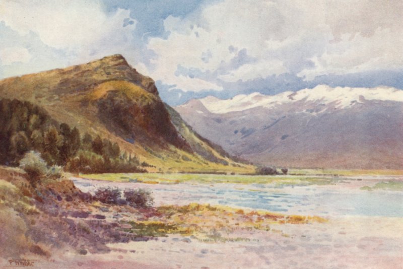 Uusi-Seelanti: "Wakatipu-järvi (värilitografia). tekijältä Frank H Wright