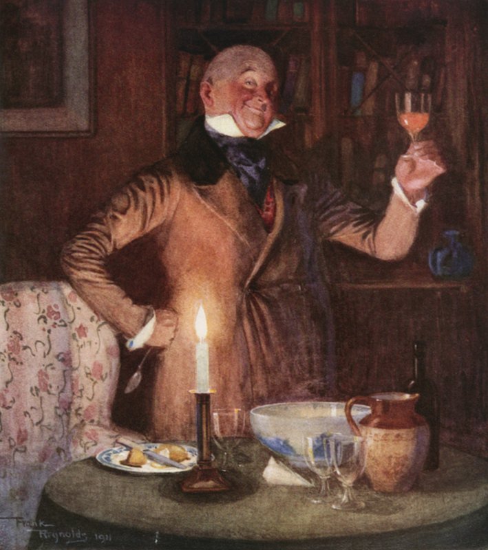 Herra Micawber elementissään (värilitografia). tekijältä Frank Reynolds