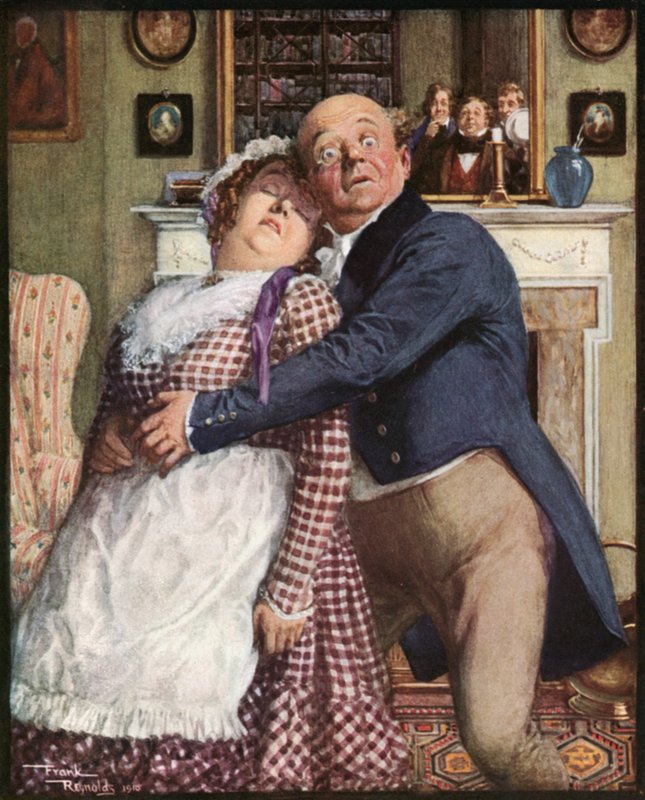 Herra Pickwick kokee koettelemuksen (värilitografia) tekijältä Frank Reynolds