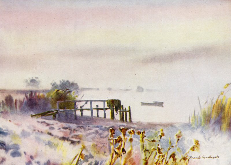 Norfolk Broads: Frosty Sunrise on Ormesby Broad (väri litho) tekijältä Frank Southgate