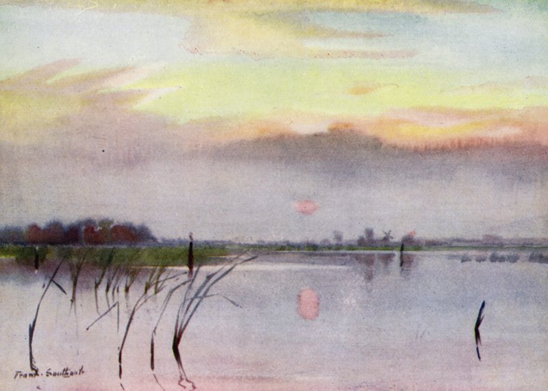 Norfolk Broads: Sunset, Heigham Sounds (väri litho) tekijältä Frank Southgate